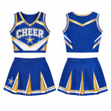 Custom Royal Blue & Gold Cheerleading Set - Custom Heat Transfer Printing V-Neck Crop Top & Pleated Skirt with Star Logo
