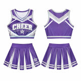 Custom Purple & Silver Cheerleading Uniform - Custom Heat Transfer Printing V-Neck Sleeveless Top & Pleated Skirt with Metallic Accents