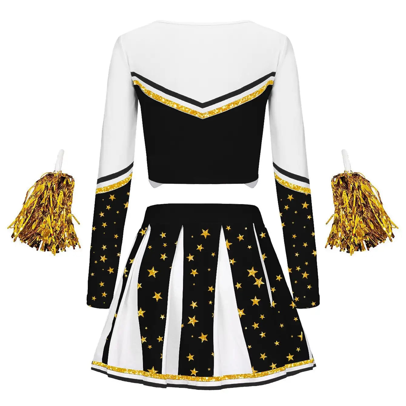 Back view of a custom long sleeve cheerleading uniform set featuring black and white panels, gold star pattern skirt, and gold glitter trim.