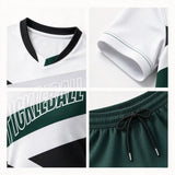 Close-up details of custom pickleball apparel showing V-neck collar, sleeve hem, chest print, and shorts drawstring waist.