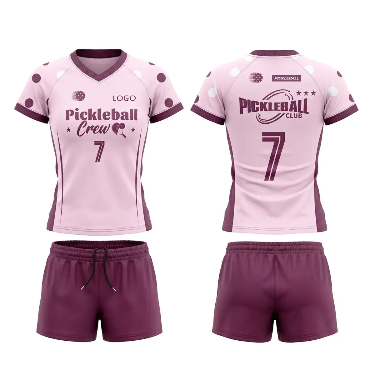 Custom pink and purple short sleeve V-neck pickleball apparel set with dot pattern, crew logo, number, and matching shorts.