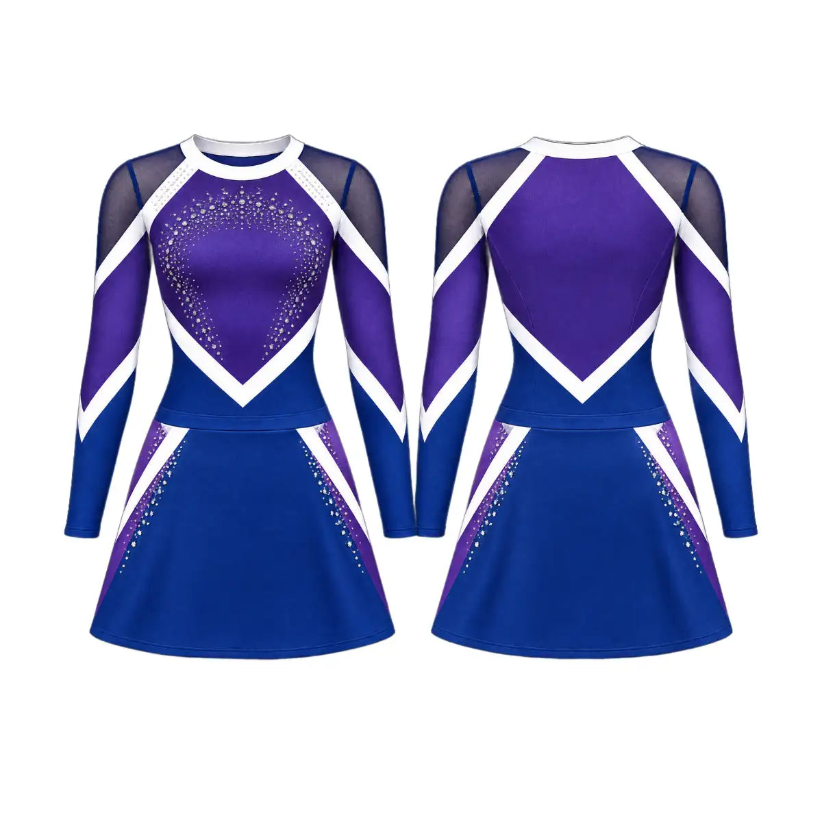 Custom purple and blue long sleeve cheerleading uniform set with mesh shoulders, white stripes, and rhinestone heart details.