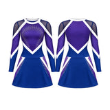 Custom purple and blue long sleeve cheerleading uniform set with mesh shoulders, white stripes, and rhinestone heart details.