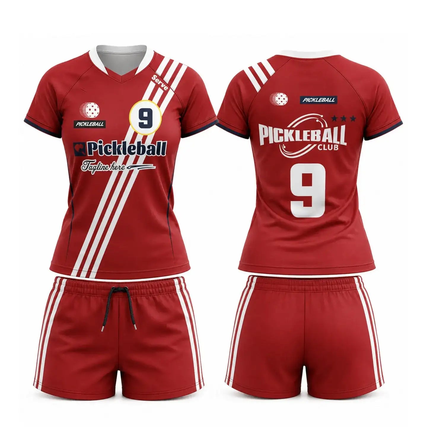 Custom red and white short sleeve V-neck pickleball apparel set with diagonal stripe design, club logo, number, and shorts.