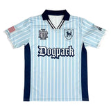  Front view of custom light blue and white striped soccer jersey with navy collar, side panels, and chest logos.