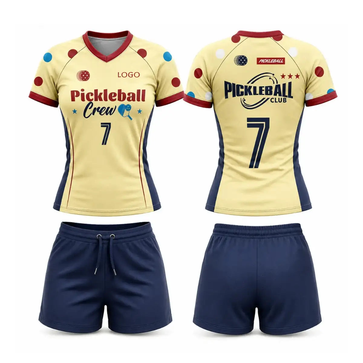 Custom yellow and navy short sleeve V-neck pickleball apparel set with dot pattern, club logo, and matching shorts.
