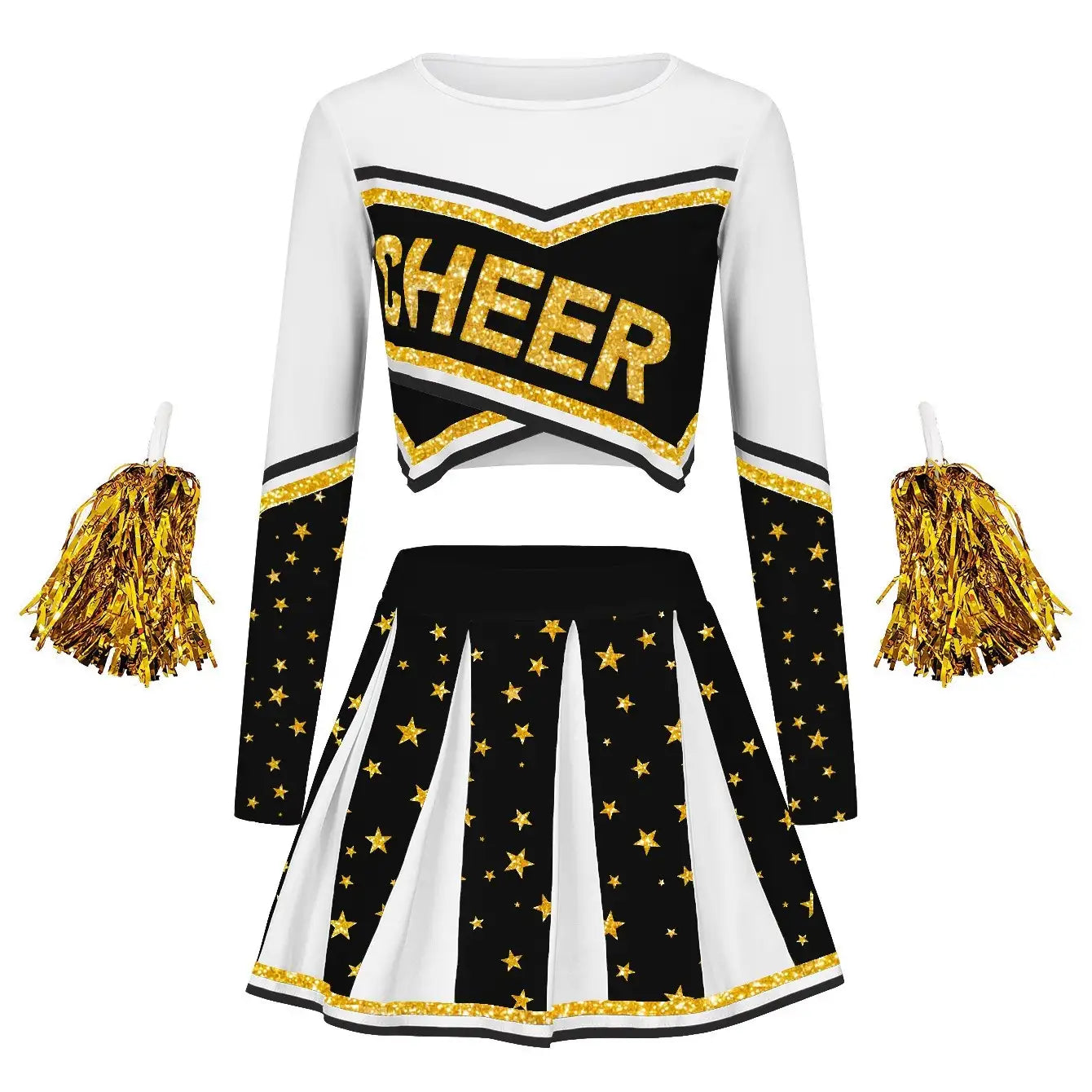 Front view of a custom long sleeve cheerleading uniform set with gold glitter "CHEER" text, star skirt, and gold trim.