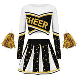 Front view of a custom long sleeve cheerleading uniform set with gold glitter "CHEER" text, star skirt, and gold trim.