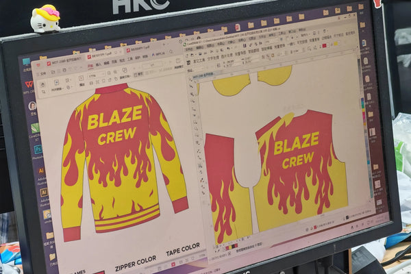Computer screen showing custom sportswear design with flame graphics and team name for heat transfer printing.