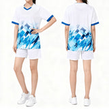 Custom Heat Transfer Printing Women's Pickleball Uniform - White V-Neck Blue Geometric Jersey with Shorts