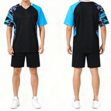 Unisex Pickleball Uniform - Custom Heat Transfer Printing Black Body Blue Sleeve V-Neck Jersey Set